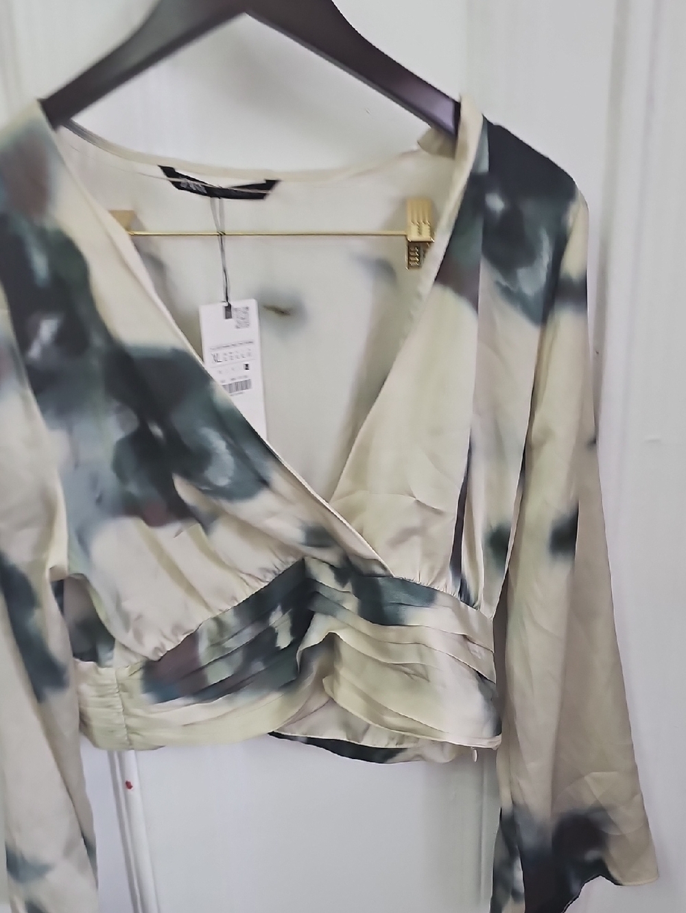 Zara Cream and Green Watercolor Wrap Blouse